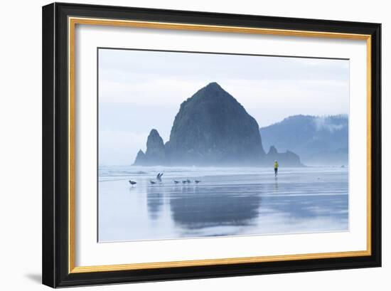 Image Of Young Woman Running On The Beach In Cannon Beach, Oregon-Justin Bailie-Framed Photographic Print