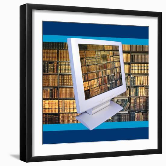 Images of Book Shelves on Computer Screen-null-Framed Photographic Print