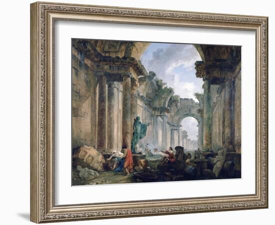Imaginary View of the Grand Gallery of the Louvre in Ruins, 1796-Robert Hubert-Framed Giclee Print