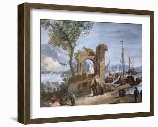 Imaginary View: Port with Ruins and Waterfall-Giuseppe Bernardino Bison-Framed Giclee Print