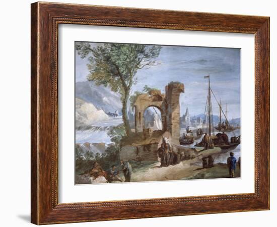 Imaginary View: Port with Ruins and Waterfall-Giuseppe Bernardino Bison-Framed Giclee Print