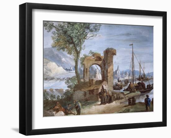 Imaginary View: Port with Ruins and Waterfall-Giuseppe Bernardino Bison-Framed Giclee Print