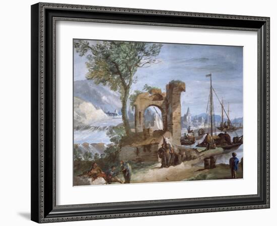 Imaginary View: Port with Ruins and Waterfall-Giuseppe Bernardino Bison-Framed Giclee Print