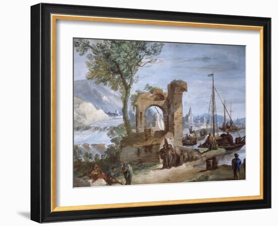 Imaginary View: Port with Ruins and Waterfall-Giuseppe Bernardino Bison-Framed Giclee Print