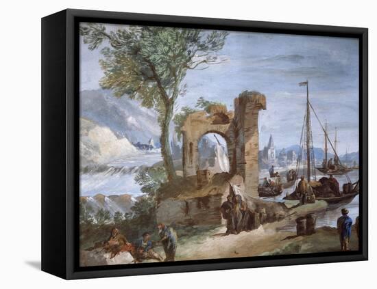 Imaginary View: Port with Ruins and Waterfall-Giuseppe Bernardino Bison-Framed Premier Image Canvas