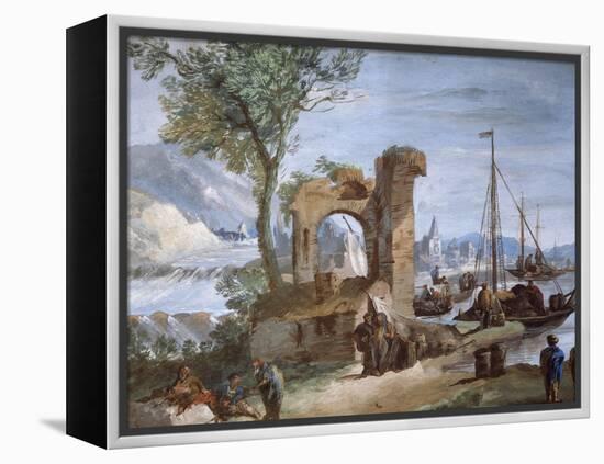 Imaginary View: Port with Ruins and Waterfall-Giuseppe Bernardino Bison-Framed Premier Image Canvas