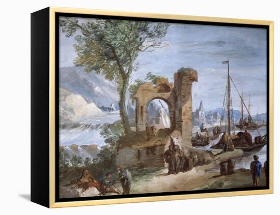 Imaginary View: Port with Ruins and Waterfall-Giuseppe Bernardino Bison-Framed Premier Image Canvas