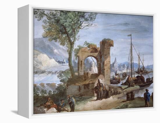 Imaginary View: Port with Ruins and Waterfall-Giuseppe Bernardino Bison-Framed Premier Image Canvas