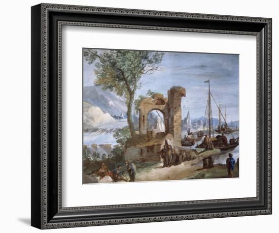 Imaginary View: Port with Ruins and Waterfall-Giuseppe Bernardino Bison-Framed Giclee Print