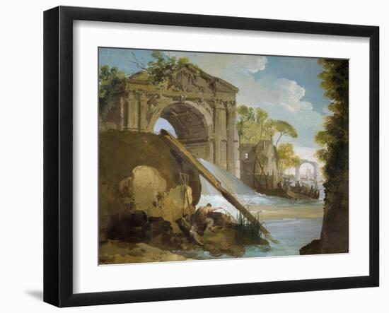 Imaginary View: River with Fishermen and Ruins-Giuseppe Bernardino Bison-Framed Giclee Print