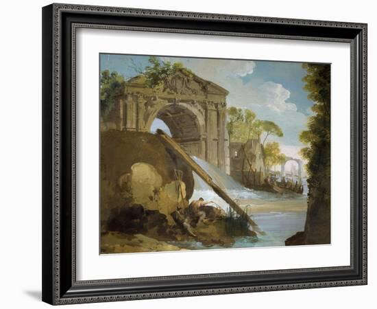 Imaginary View: River with Fishermen and Ruins-Giuseppe Bernardino Bison-Framed Giclee Print