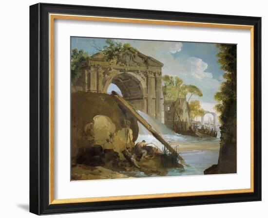 Imaginary View: River with Fishermen and Ruins-Giuseppe Bernardino Bison-Framed Giclee Print