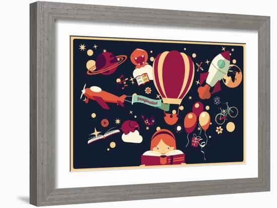 Imagination Concept - Girl Reading a Book with Air Balloon, Rocket and Airplane Flying Out, Night S-BlueLela-Framed Art Print