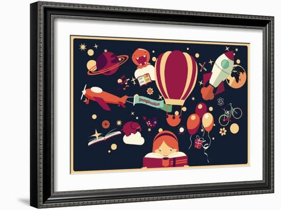 Imagination Concept - Girl Reading a Book with Air Balloon, Rocket and Airplane Flying Out, Night S-BlueLela-Framed Art Print