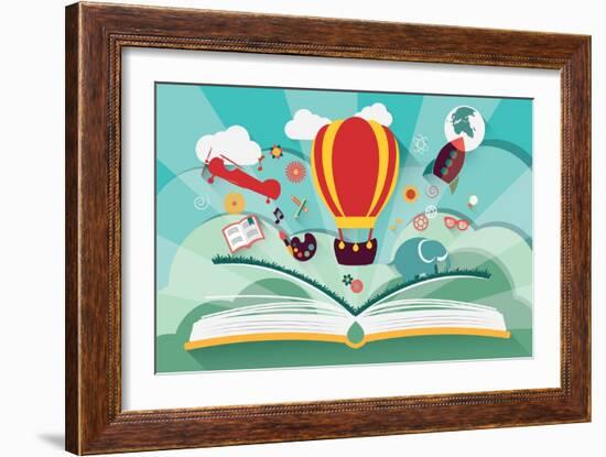 Imagination Concept - Open Book with Air Balloon, Rocket and Airplane Flying Out-BlueLela-Framed Art Print