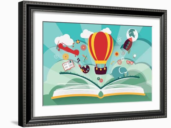 Imagination Concept - Open Book with Air Balloon, Rocket and Airplane Flying Out-BlueLela-Framed Art Print