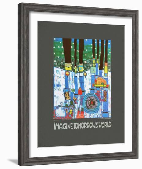 Imagine Tomorrows World (blue)-Friedensreich Hundertwasser-Framed Art Print