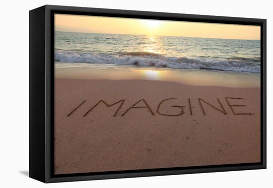 Imagine Written in the Sand on a Sunset Beach.-Hannamariah-Framed Premier Image Canvas