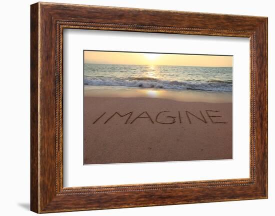 Imagine Written in the Sand on a Sunset Beach.-Hannamariah-Framed Photographic Print