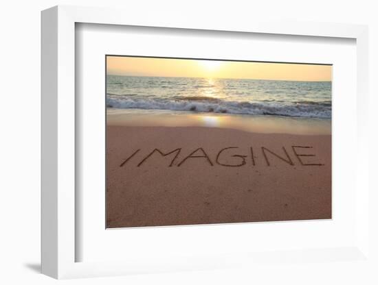 Imagine Written in the Sand on a Sunset Beach.-Hannamariah-Framed Photographic Print