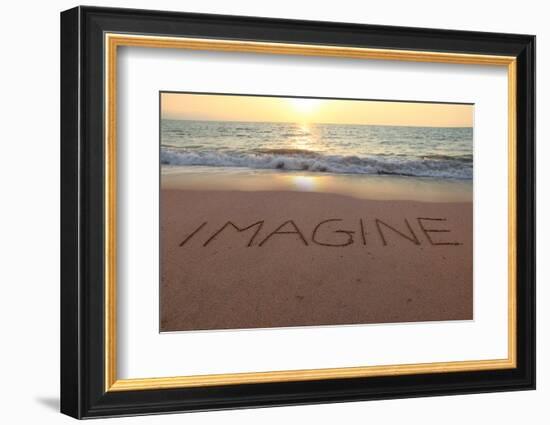 Imagine Written in the Sand on a Sunset Beach.-Hannamariah-Framed Photographic Print