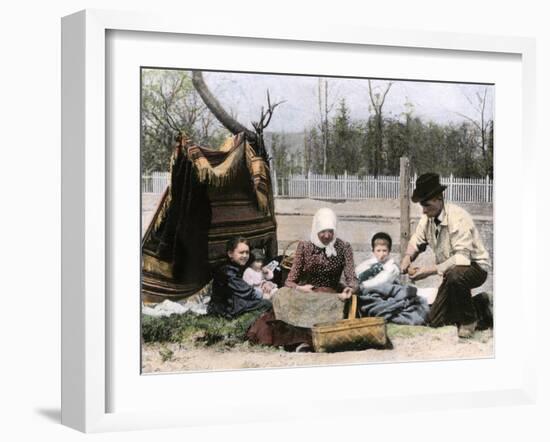 Immigrant Family Cutting Seed Potatoes to Plant on Their Quarter-Acre in Michigan, 1890s-null-Framed Giclee Print