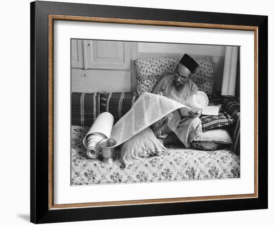 Immigrant Israeli Religious Scholar from Yemen Repairing Scrolls of an Old Torah-Paul Schutzer-Framed Photographic Print