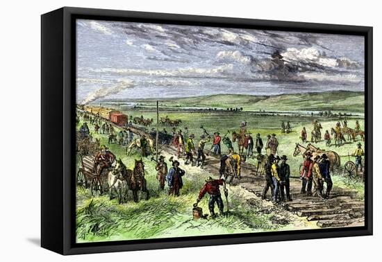 Immigrants and Other Workers Laying Track for the Transcontinental Railroad across Nebraska, 1860s-null-Framed Premier Image Canvas