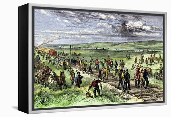 Immigrants and Other Workers Laying Track for the Transcontinental Railroad across Nebraska, 1860s-null-Framed Premier Image Canvas