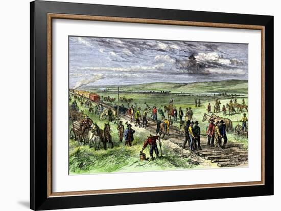 Immigrants and Other Workers Laying Track for the Transcontinental Railroad across Nebraska, 1860s-null-Framed Giclee Print