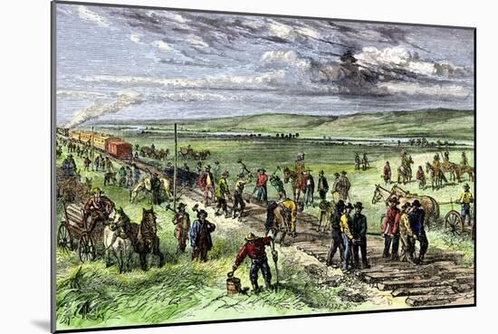 Immigrants and Other Workers Laying Track for the Transcontinental Railroad across Nebraska, 1860s-null-Mounted Giclee Print