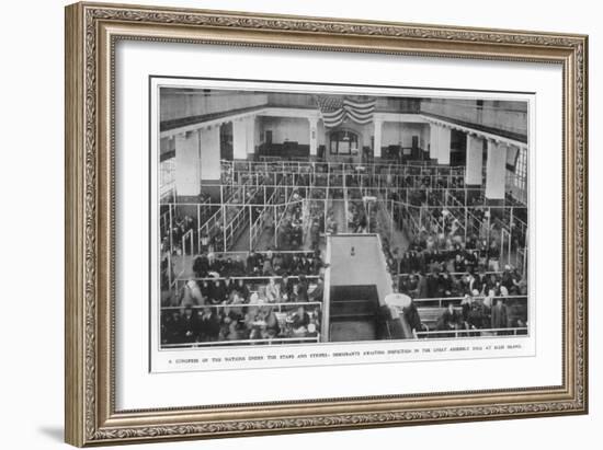 Immigrants Waiting Inspection in the Great Assembly Hall at Ellis Island New York-null-Framed Art Print