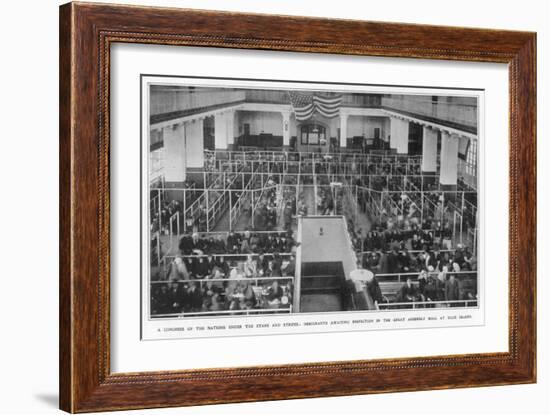 Immigrants Waiting Inspection in the Great Assembly Hall at Ellis Island New York-null-Framed Art Print