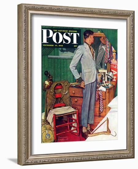 "Imperfect Fit" Saturday Evening Post Cover, December 15,1945-Norman Rockwell-Framed Giclee Print