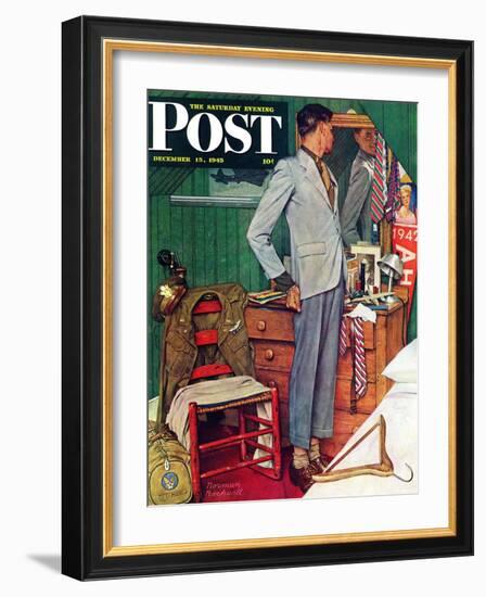 "Imperfect Fit" Saturday Evening Post Cover, December 15,1945-Norman Rockwell-Framed Giclee Print
