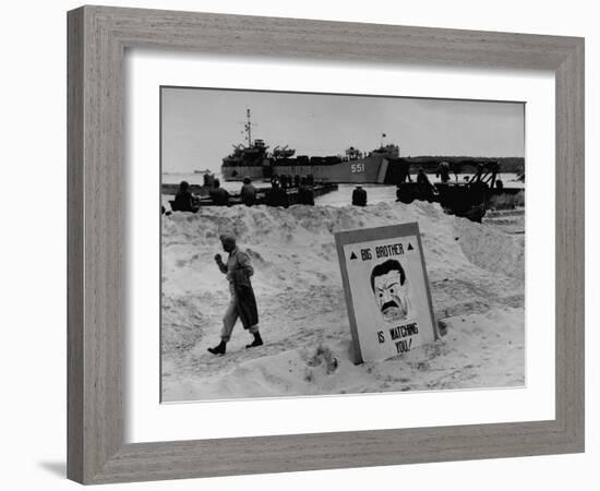 Imposing Sign Placed on Beach by Defending Troops, Copied from Article on George Orwell's 1984-Francis Miller-Framed Photographic Print