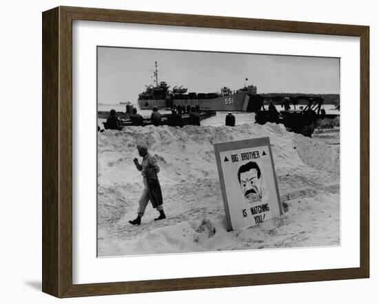 Imposing Sign Placed on Beach by Defending Troops, Copied from Article on George Orwell's 1984-Francis Miller-Framed Photographic Print