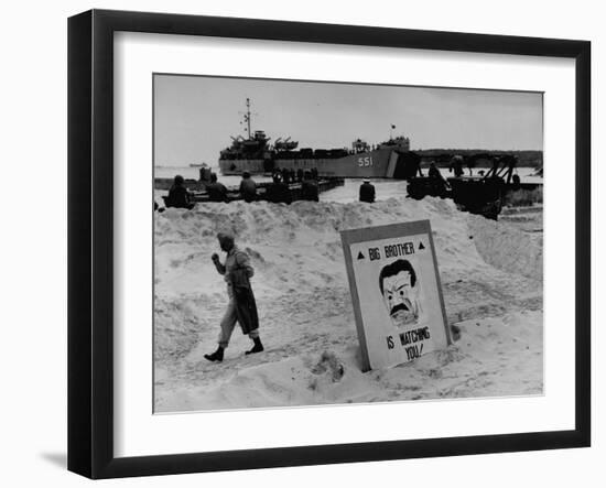 Imposing Sign Placed on Beach by Defending Troops, Copied from Article on George Orwell's 1984-Francis Miller-Framed Photographic Print