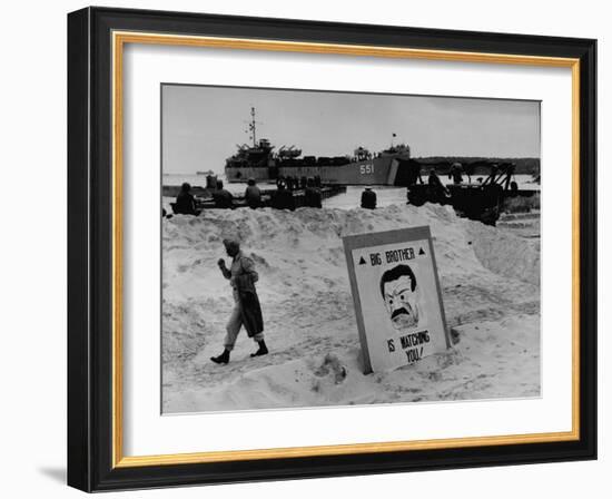 Imposing Sign Placed on Beach by Defending Troops, Copied from Article on George Orwell's 1984-Francis Miller-Framed Photographic Print