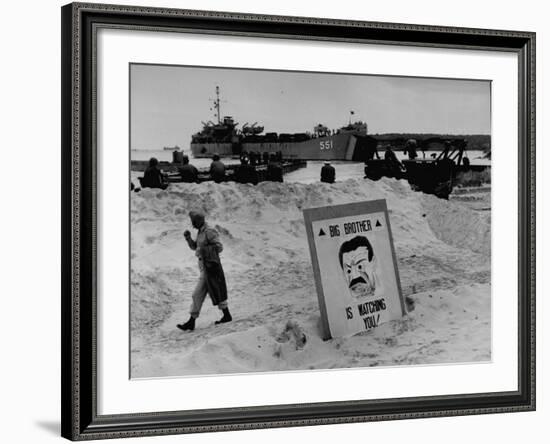 Imposing Sign Placed on Beach by Defending Troops, Copied from Article on George Orwell's 1984-Francis Miller-Framed Photographic Print