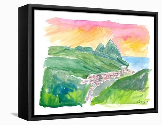 Impressive Pitons in St Lucia with Soufriere and unforgettable Caribbean Sunset-M. Bleichner-Framed Stretched Canvas