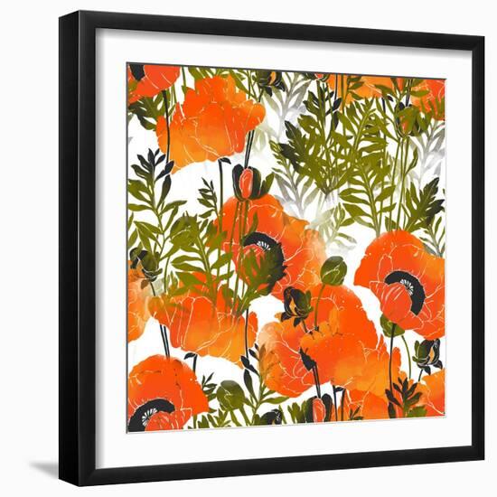 Imprints Bright Poppies. Seamless Pattern. Digital and Watercolor Mixed Media Hand Drawn Boho Artwo-Liia Chevnenko-Framed Art Print