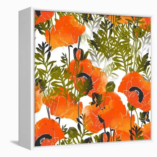 Imprints Bright Poppies. Seamless Pattern. Digital and Watercolor Mixed Media Hand Drawn Boho Artwo-Liia Chevnenko-Framed Stretched Canvas