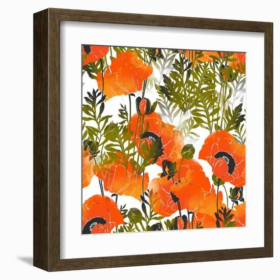 Imprints Bright Poppies. Seamless Pattern. Digital and Watercolor Mixed Media Hand Drawn Boho Artwo-Liia Chevnenko-Framed Art Print