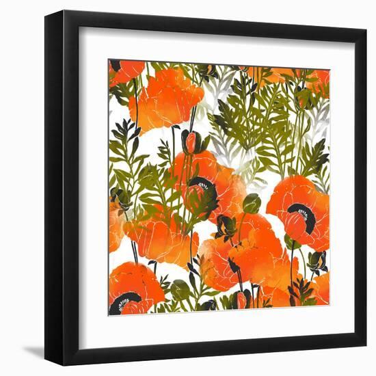 Imprints Bright Poppies. Seamless Pattern. Digital and Watercolor Mixed Media Hand Drawn Boho Artwo-Liia Chevnenko-Framed Art Print