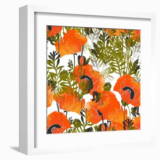 Imprints Bright Poppies. Seamless Pattern. Digital and Watercolor Mixed Media Hand Drawn Boho Artwo-Liia Chevnenko-Framed Art Print