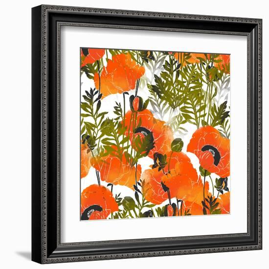 Imprints Bright Poppies. Seamless Pattern. Digital and Watercolor Mixed Media Hand Drawn Boho Artwo-Liia Chevnenko-Framed Art Print