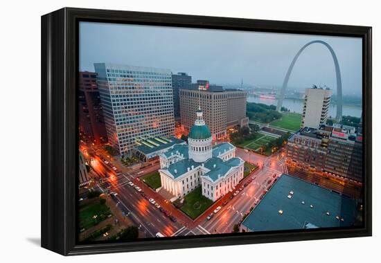 In a misty rain an elevated view of Gateway Arch and the historical Old St. Louis Courthouse. Th...-null-Framed Premier Image Canvas
