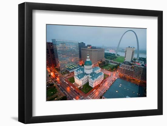 In a misty rain an elevated view of Gateway Arch and the historical Old St. Louis Courthouse. Th...-null-Framed Photographic Print