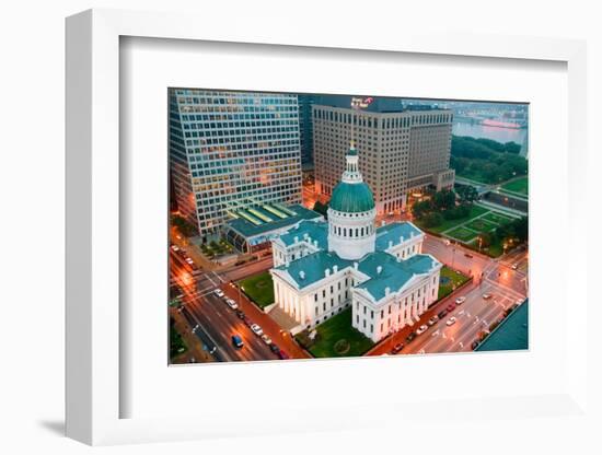 In a misty rain an elevated view of the historical Old St. Louis Courthouse. The Courthouse was...-null-Framed Photographic Print